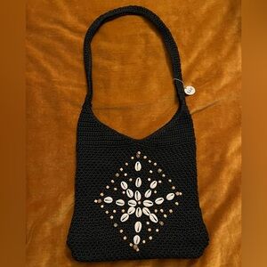 The Sak Puka Shell Accent Black Crochet Shoulder Bag